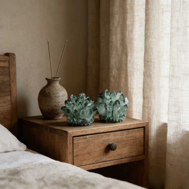 Green quartz crystal cluster display