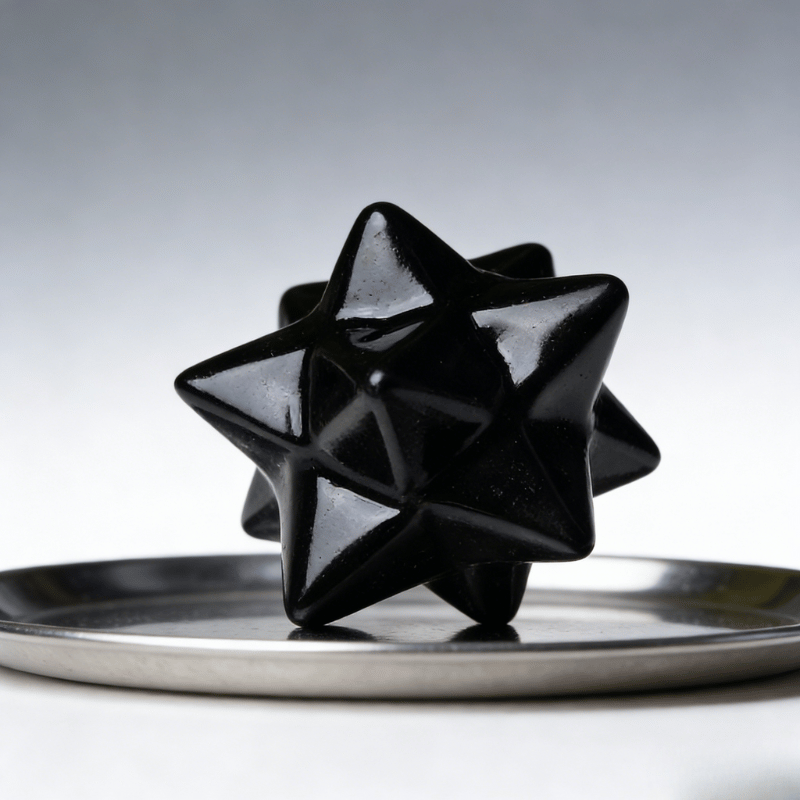 Polished black obsidian Merkaba close-up