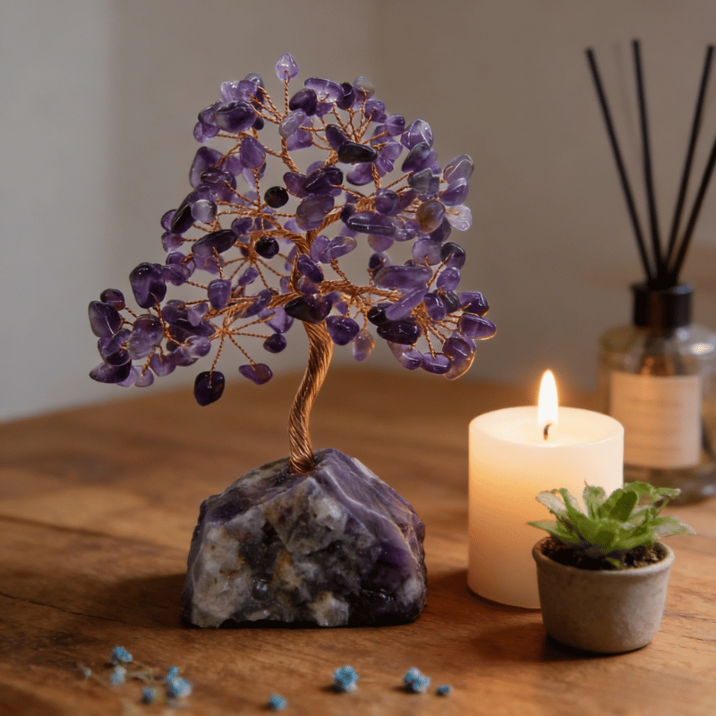 Purple amethyst crystal bonsai sculpture