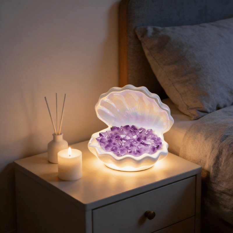 Seashell crystal table lamp with natural gemstone glow
